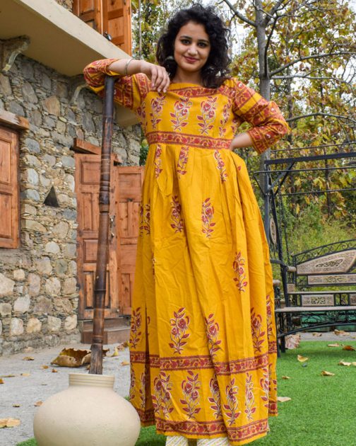 Mustard Yellow Printed A-Line Kurta