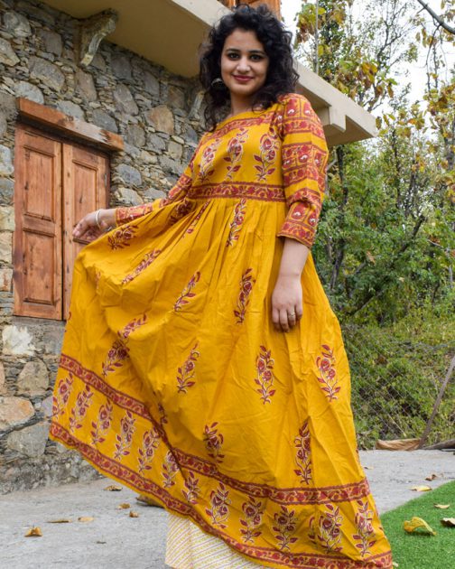Mustard Yellow Printed A-Line Kurta