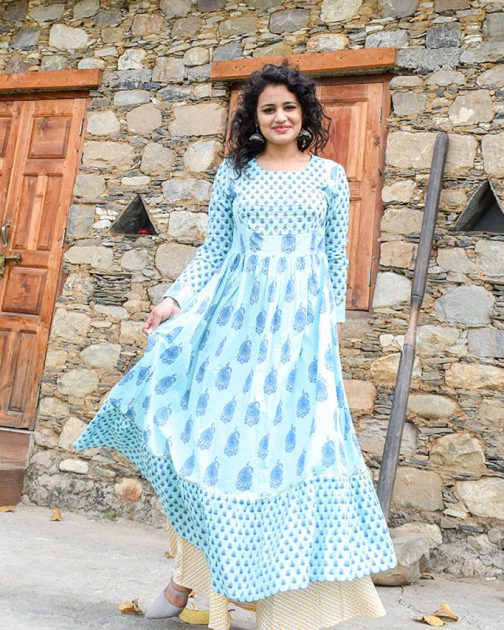 Blue Sequin Work A-Line Kurta