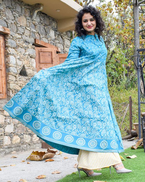 Blue Printed Kalidar kurta