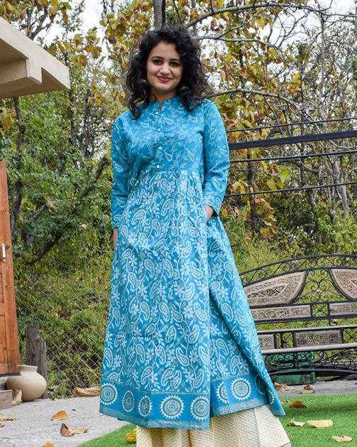 Blue Printed Kalidar kurta